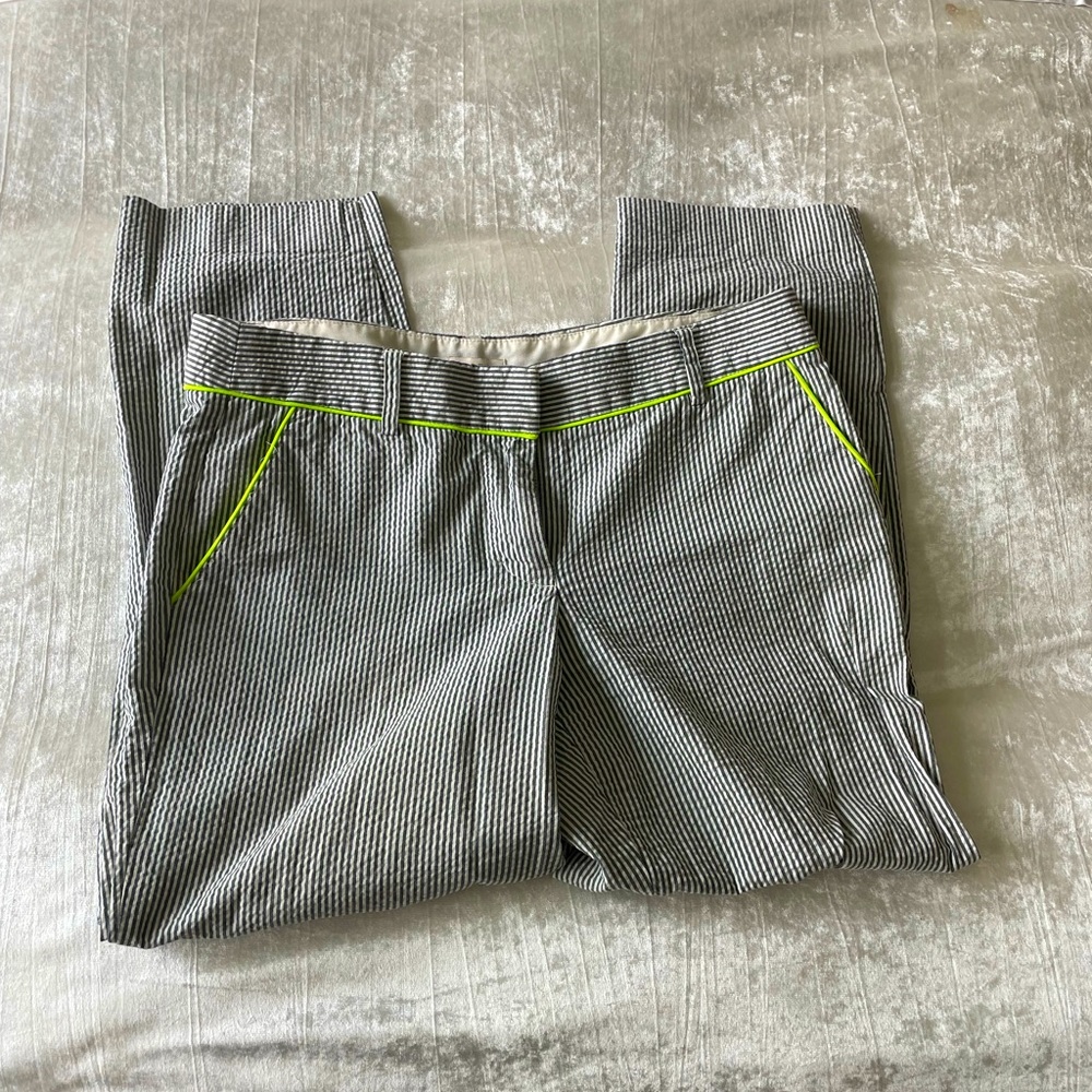 J. Crew. Seersucker with neon piping trouser crop pant